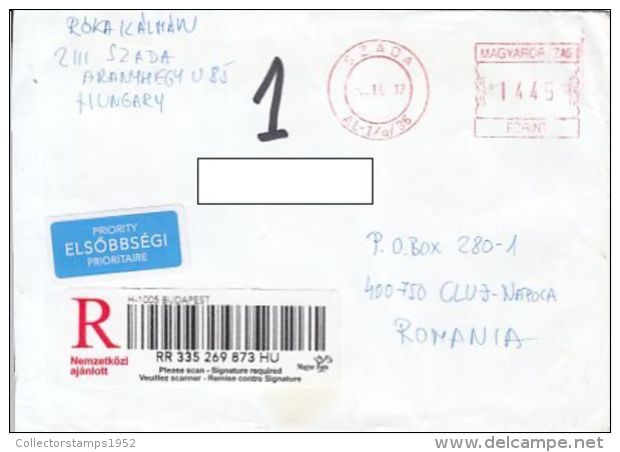 71063- SZADA, AMOUNT 1445, RED MACHINE STAMPS ON REGISTERED COVER, 2017, HUNGARY - Covers & Documents