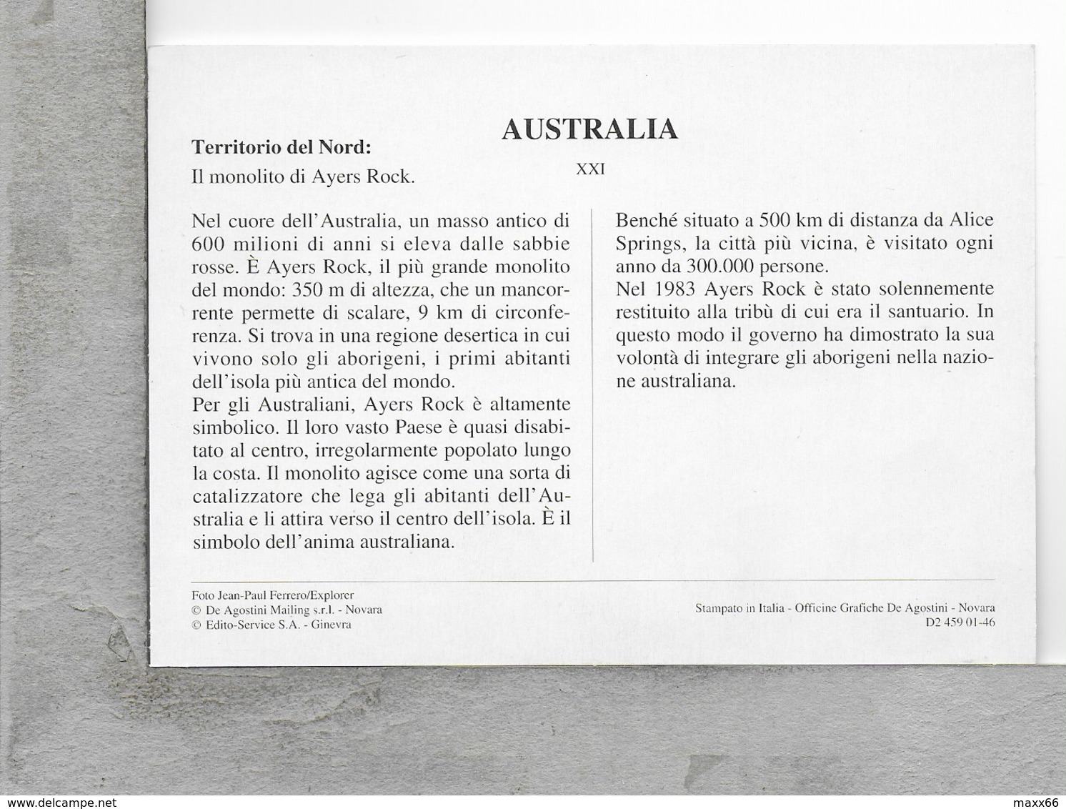 CARTOLINA NV DE AGOSTINI - AUSTRALIA - Territorio Del Nord - Il Monolito Di Ayers Rock - Vedute Dal Mondo - 10 X 15 - Unclassified