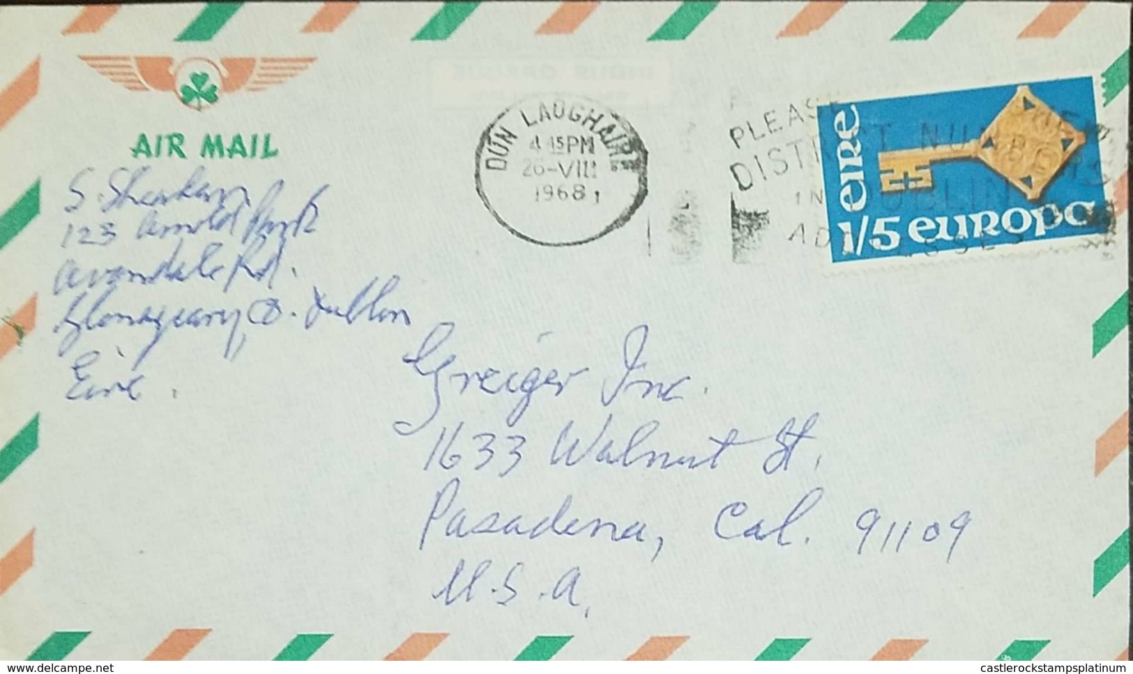 O) 1968 IRELAND, AIRMAIL FROM DUN LAOGHAIRE, GOLDEN KEY WITH CEPT EMBLEM SCOTT CD11 1sh5p, TO USA - Storia Postale