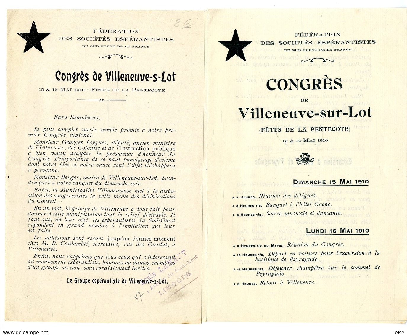 ESPERANTO  CONGRES DE VILLENEUVE SUR LOT  Penne Peyragude  MAI 1910  -  2 DEPLIANTS - Autres & Non Classés