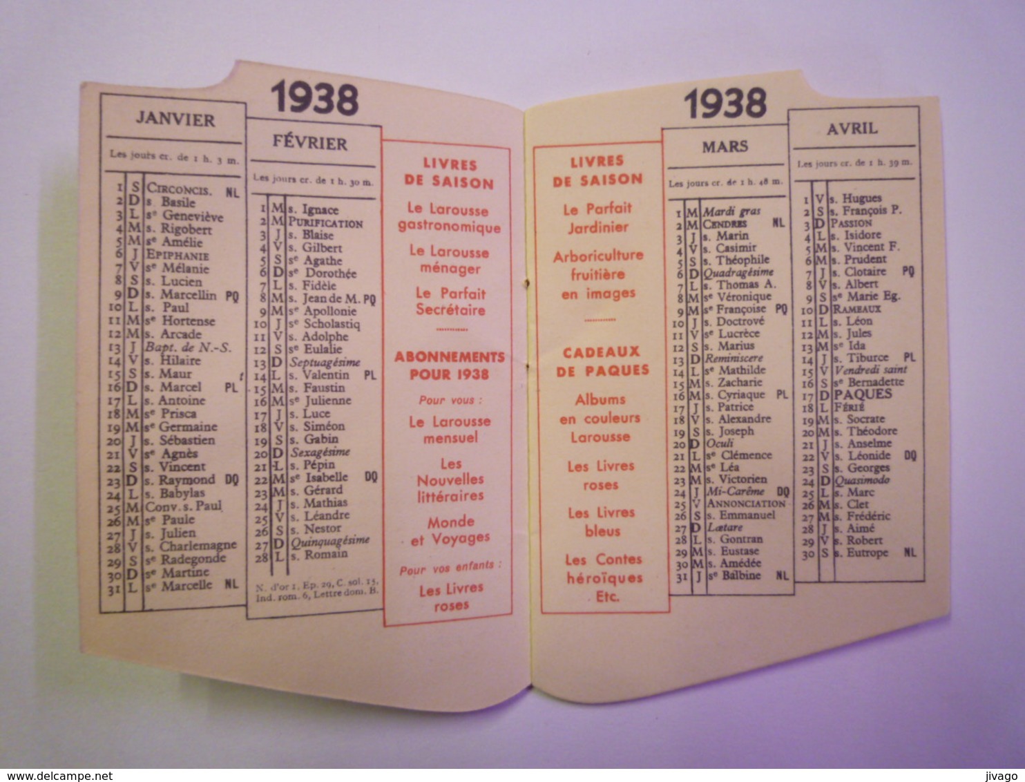 MINI CALENDRIER  PUB  LAROUSSE  1938  (format  6 X 9cm)    - Small : 1961-70