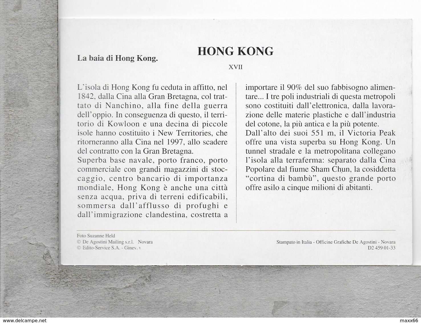 CARTOLINA NV DE AGOSTINI - HONG KONG - La Baia - Vedute Dal Mondo - 10 X 15 - Chine (Hong Kong)