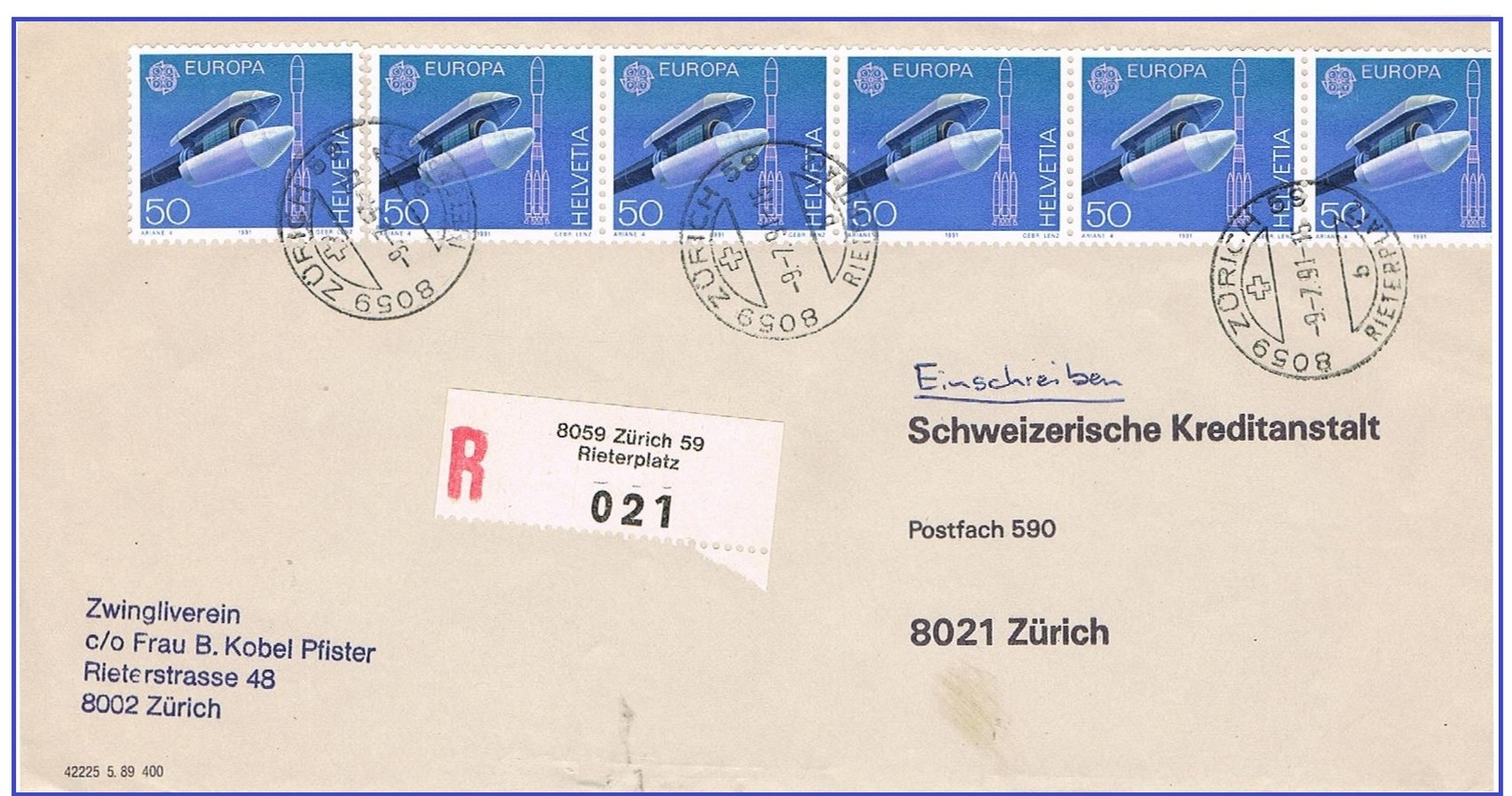 R.Zürich 59 Rieterplatz 9.7.91 Bande De Timbres Europa - Lettres & Documents