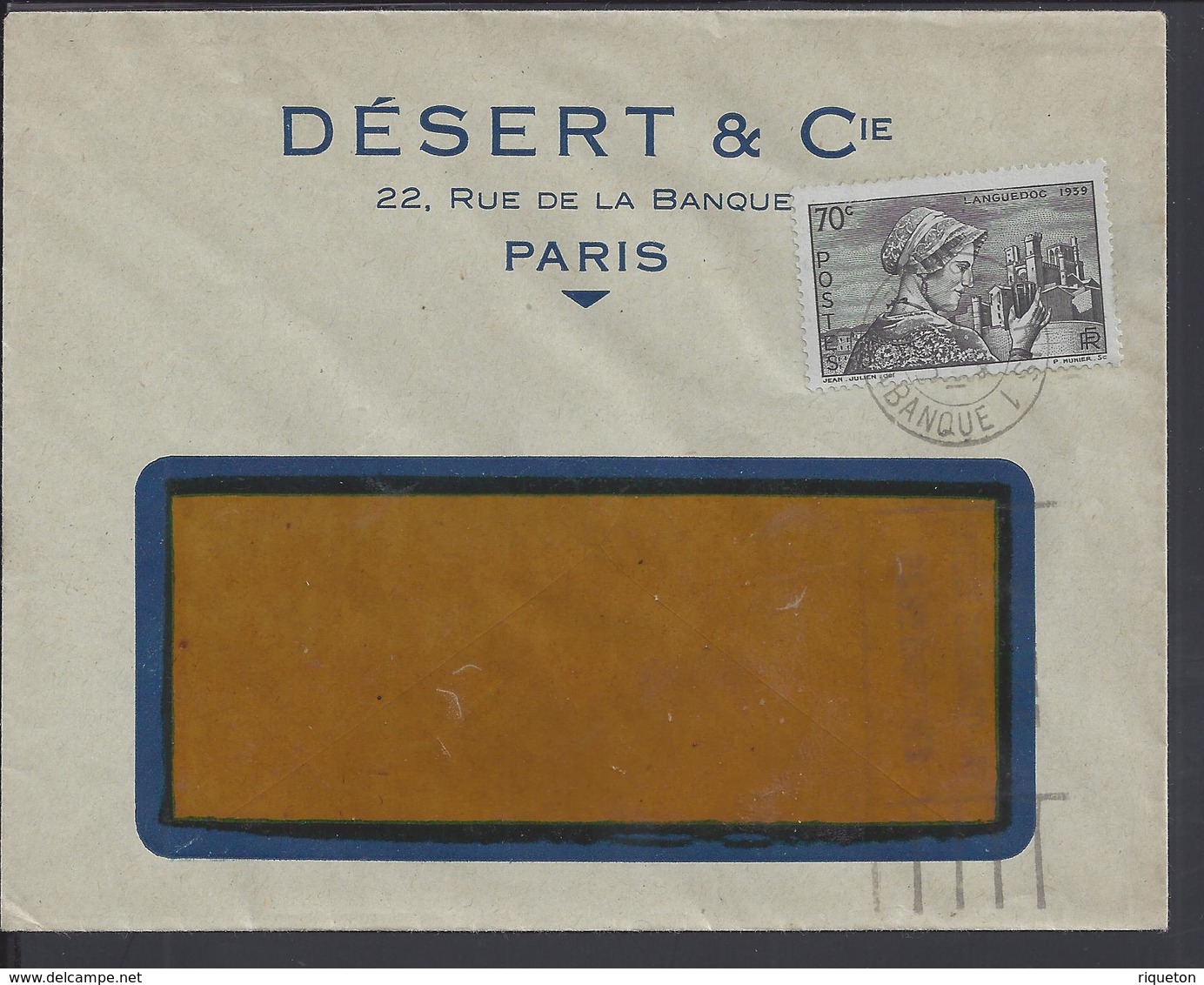 FR  -1940 "Désert & Cie Paris" Affr. 70 Ct. Languedocienne N° 448 Sur Enveloppe à Fenêtre - Cote 23 € - B/TB - - 1921-1960: Période Moderne