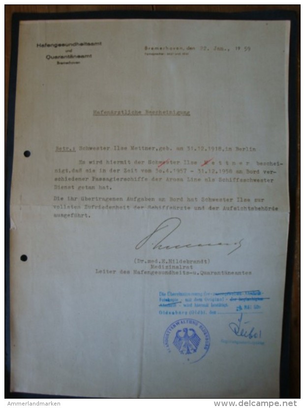 Norddeutscher Lloyd Bremen, Dienstzeugnisbuch, + Hafenärztliche Bescheinigung, M.S. " Hessenstein " 1961 - Other & Unclassified