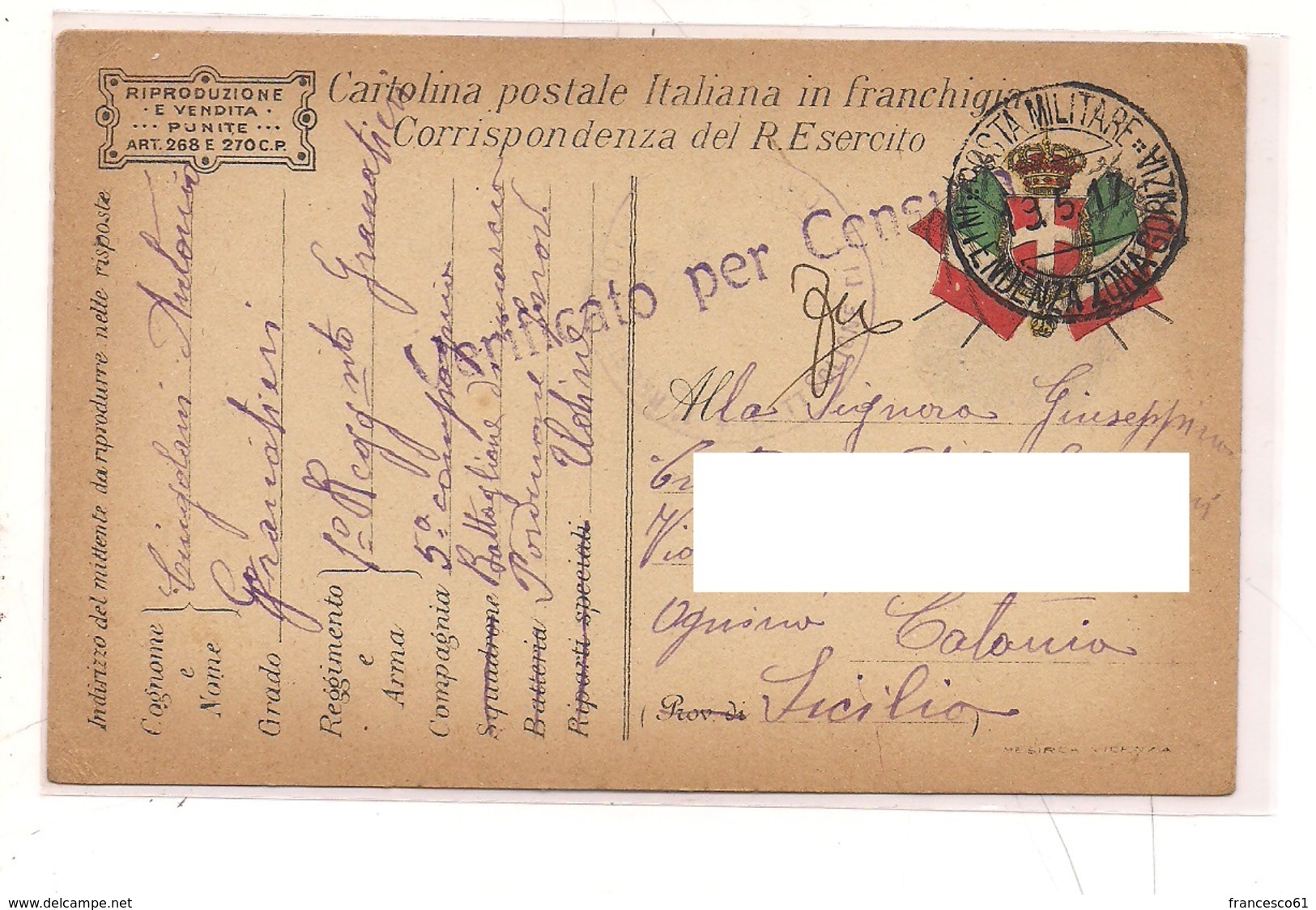 2115) 1917 Franchigia 1^ WW Posta Militare Intendenza Zona Gorizia - Storia Postale