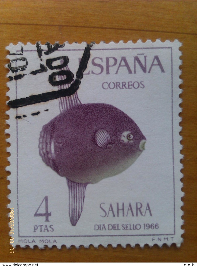 Sello España. Sahara. 4 Pesetas 1966. Día Del Sello. Pez Mola Mola. Circulado. Original De Época - Sahara Espagnol