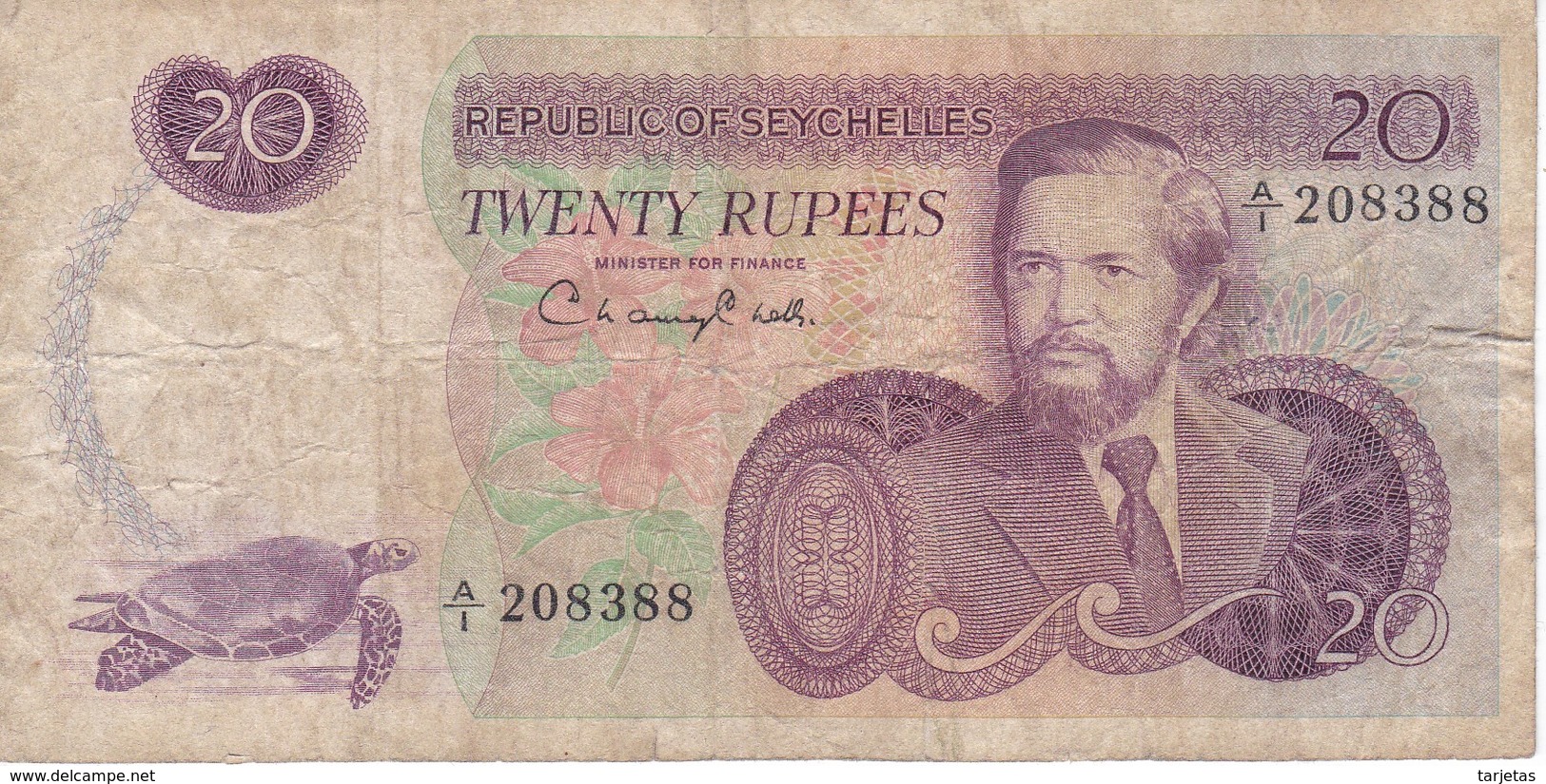 BILLETE DE SEYCHELLES DE 20 RUPEES DEL AÑO 1976  (BANKNOTE) TORTUGA-TURTLE - Seychelles