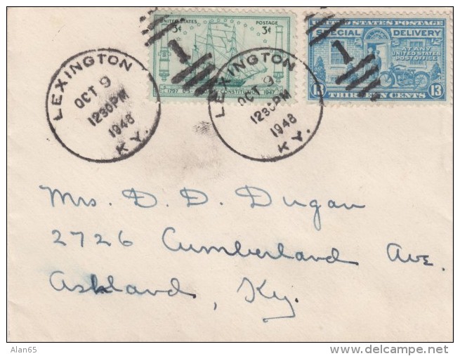 Sc#951 &amp; Sc#E17 Special Delivery 1948 Cover, Lexington KY To Ashland KY, USS Constituition 3-cent &amp; 13-cent Moto - Express & Einschreiben