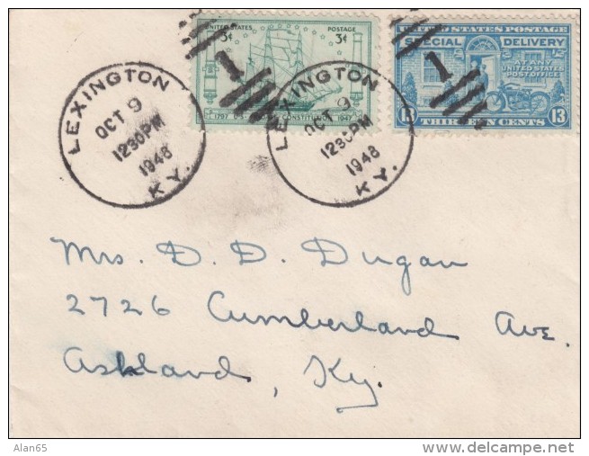 Sc#951 &amp; Sc#E17 Special Delivery 1948 Cover, Lexington KY To Ashland KY, USS Constituition 3-cent &amp; 13-cent Moto - Special Delivery, Registration & Certified