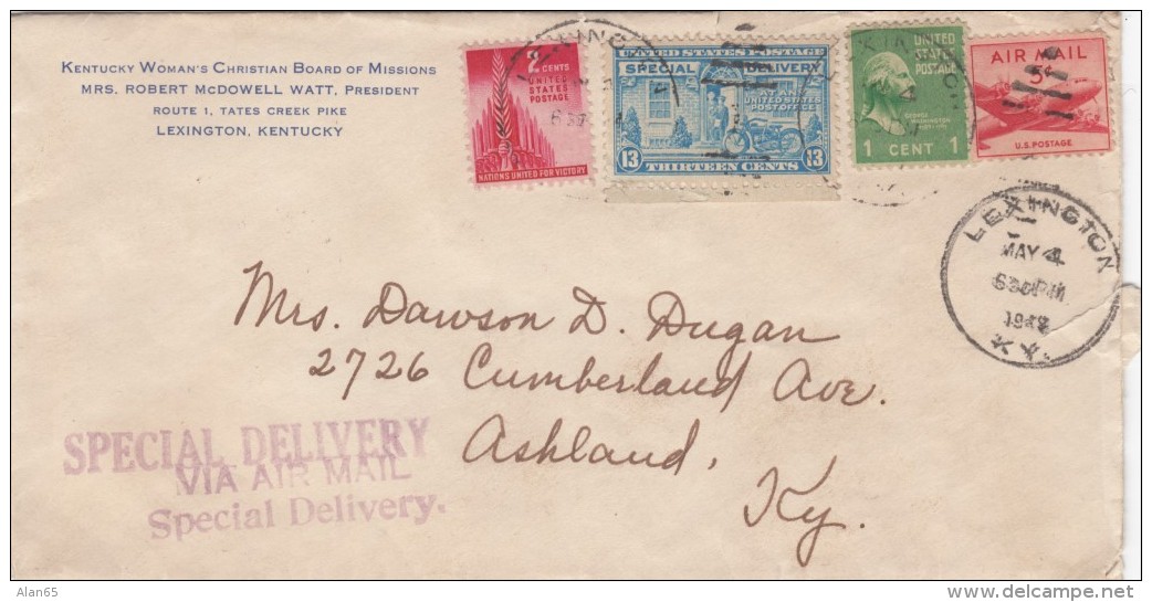 Special Delivery + Air Mail 1949 Cover, Lexington KY To Ashland KY, Sc#E17, #C33, Multiple Rates - Special Delivery, Registration & Certified