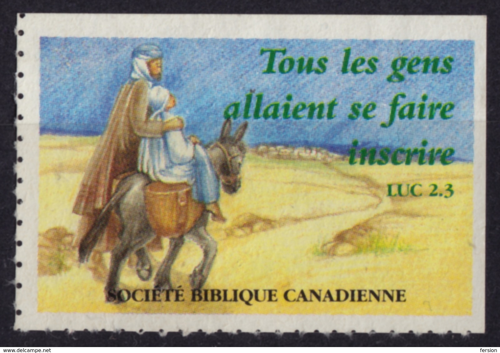 CANADA Bible Society / Christianity - Charity Stamp / Label / Cinderella / Vignette  - Used - Mary Joseph Donkey - Asini