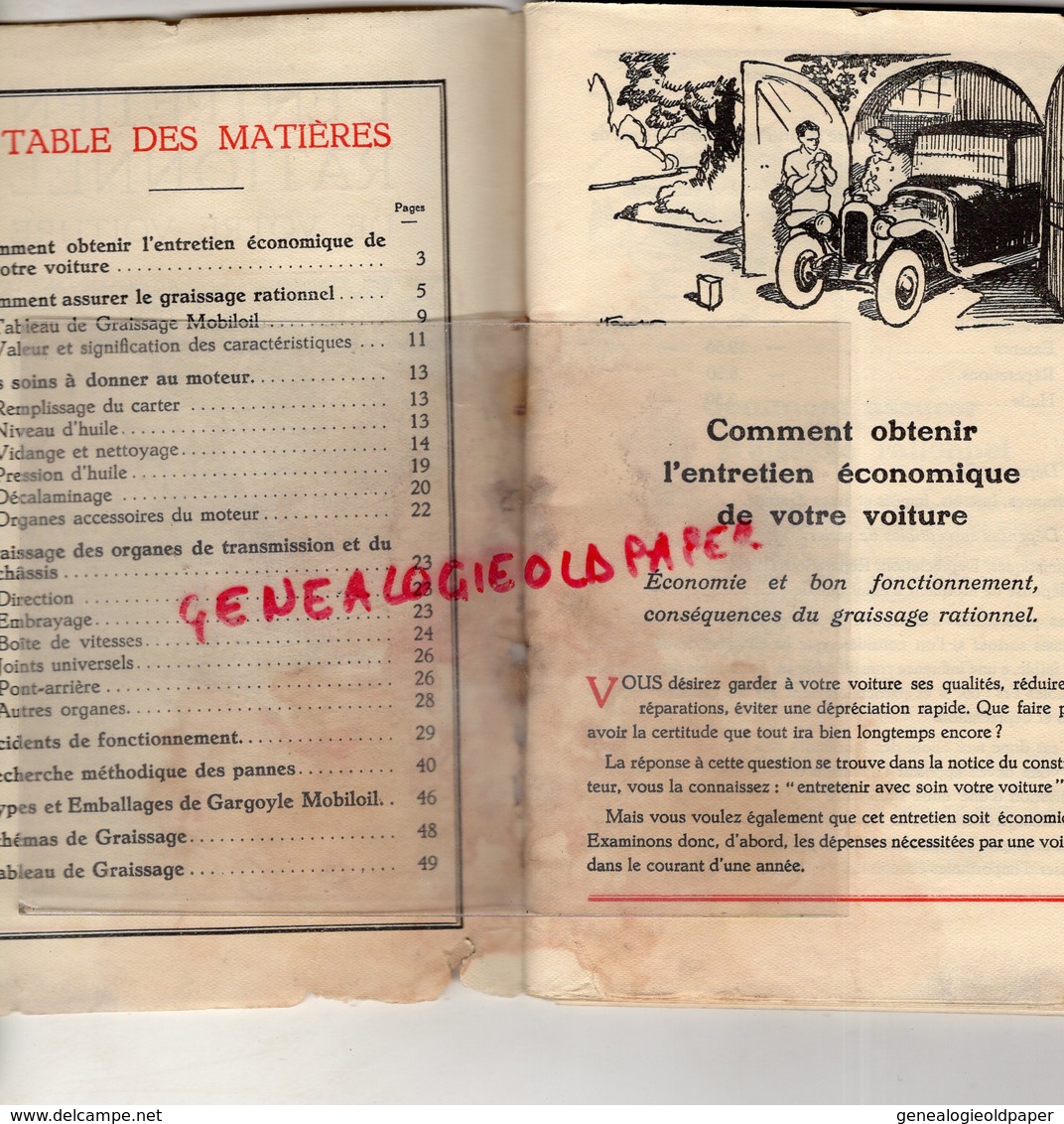 BROCHURE L' ENTRETIEN RATIONNEL DE VOTRE VOITURE-VACUUM OIL COMPANY- GARGOYLE MOBILOIL- PARIS-1929-AUTO - Auto