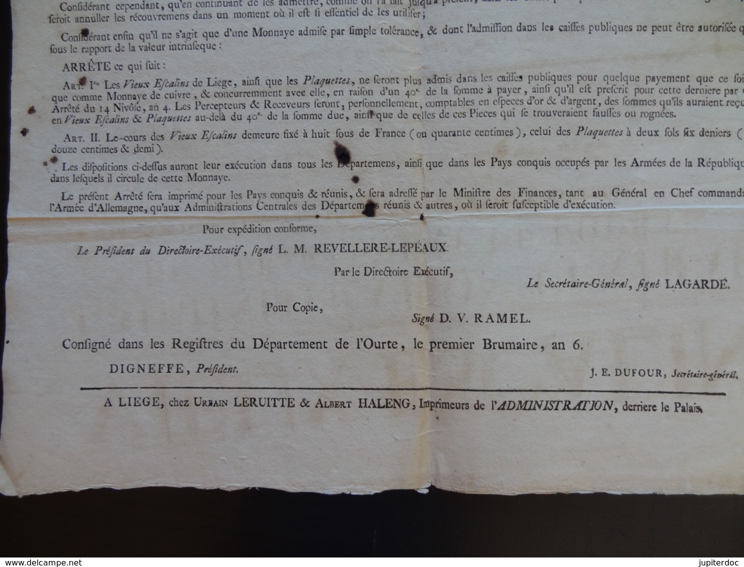 1797 Vieux Escalins Département De L'Ourte (refus Des Escalins Dans Les Caisses Publiques) - Affiches