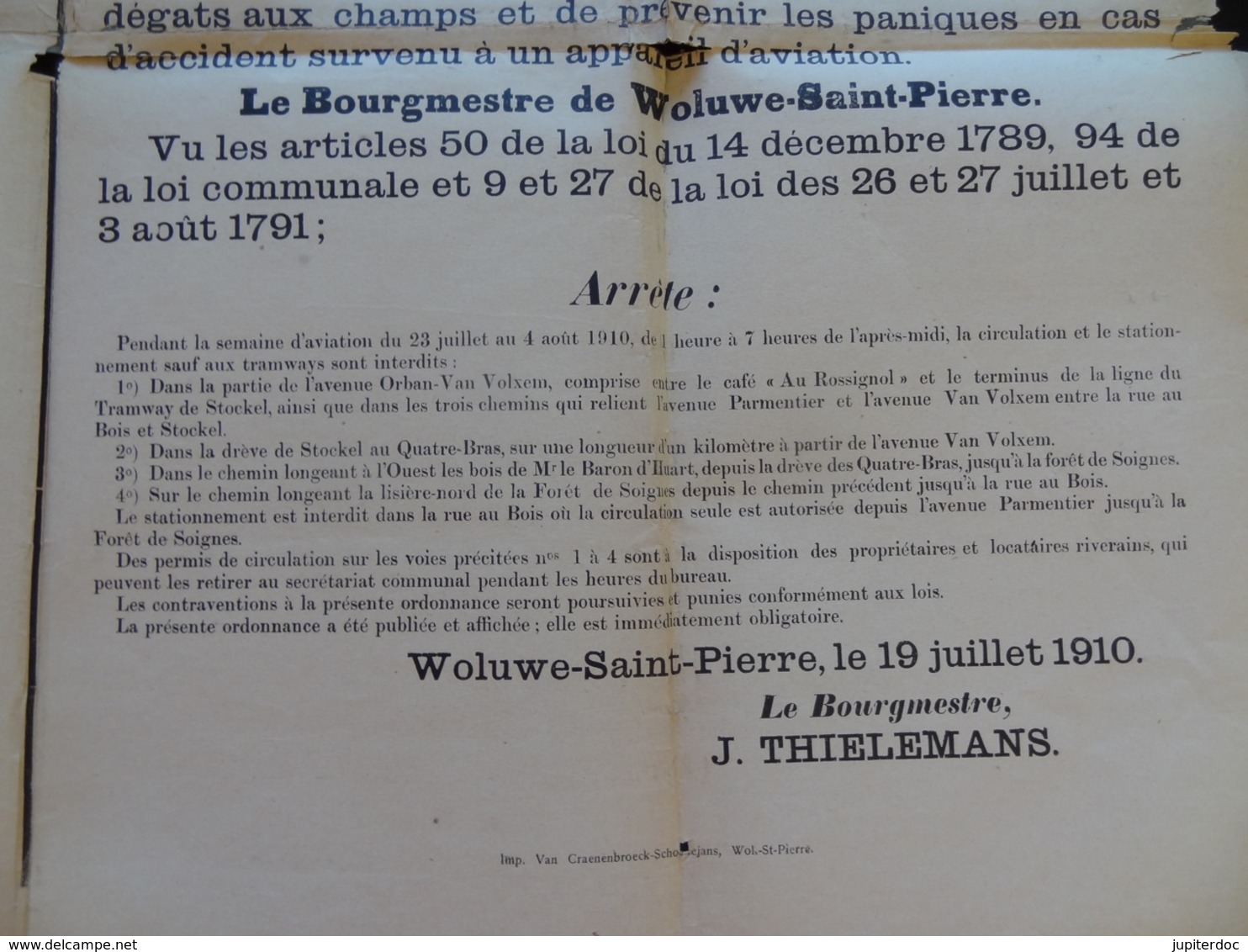 1910 Commune De Woluwe-Saint-Pierre Semaine D'aviation Ordonnance De Police (bilingue) - Affiches