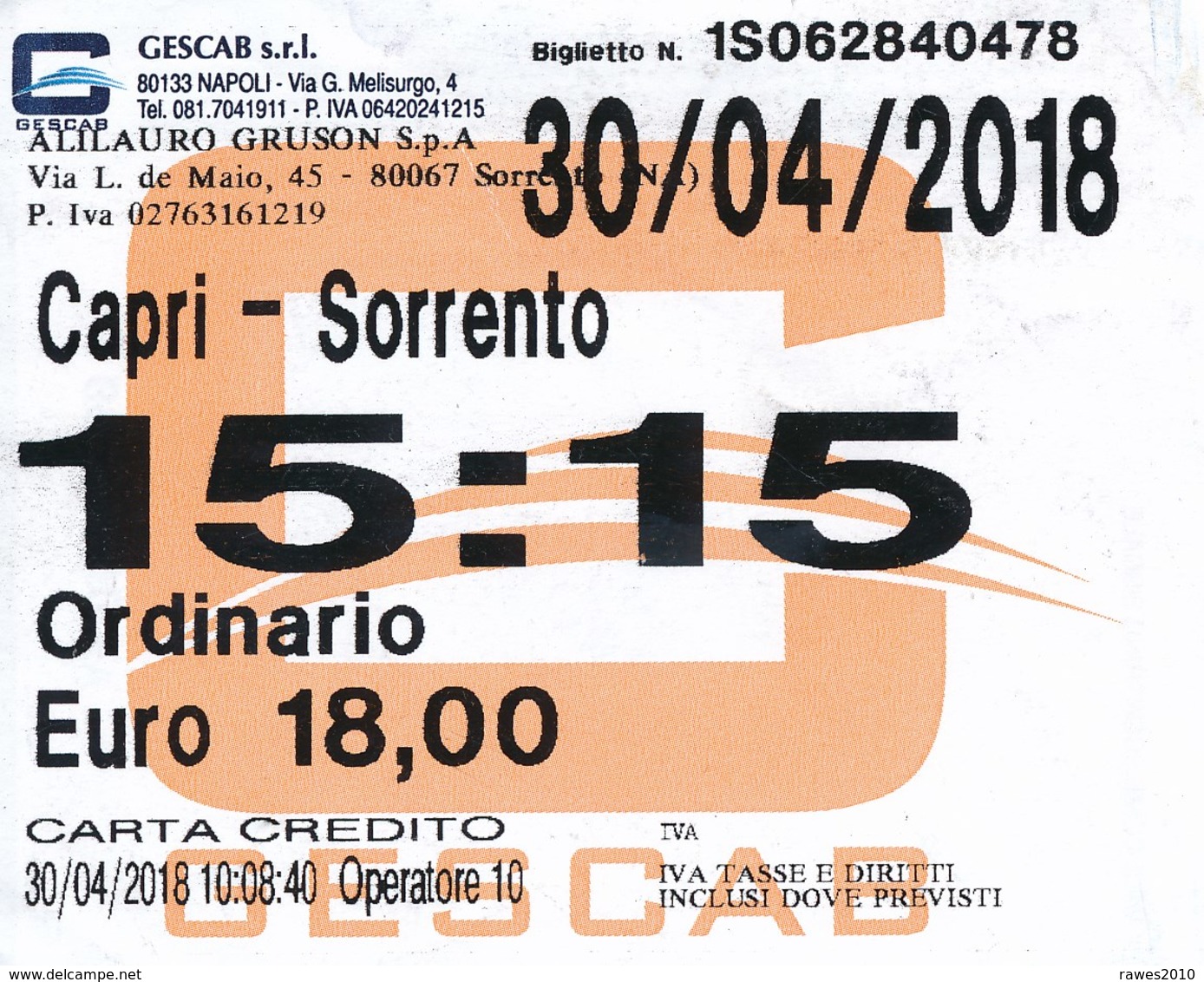 Italien 2018 Schiffsfahrkarte Capri - Sorrent (Rückfahrt) - Europa