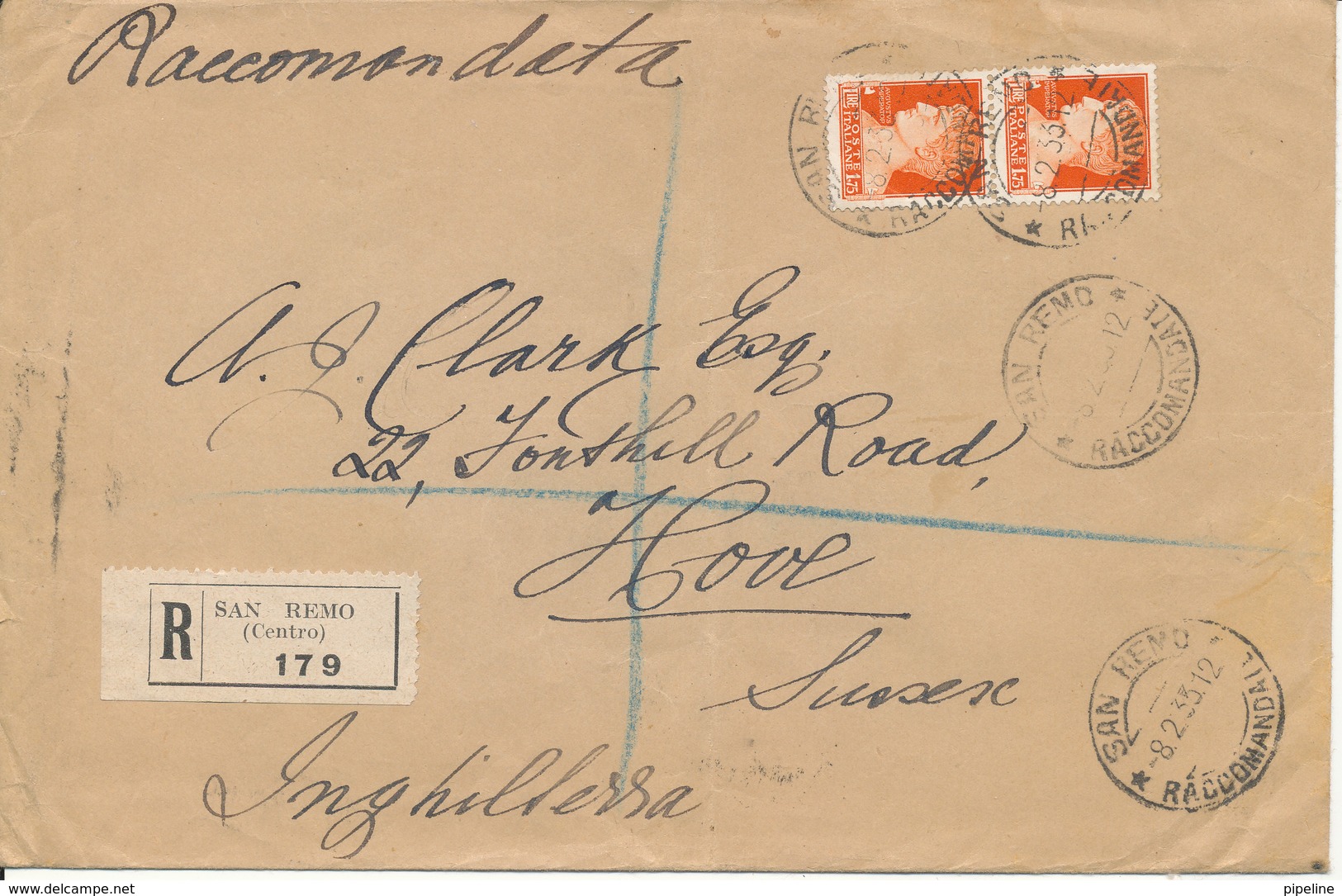 Italy Registered Cover Sent To England San Remo 8-2-1935 (bended Cover) - Storia Postale