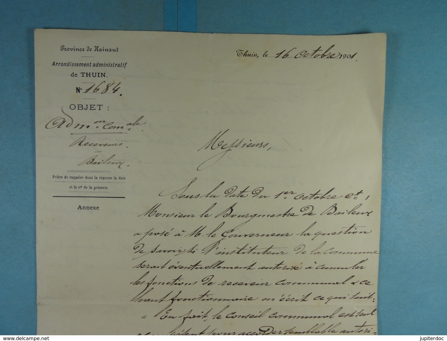 1901 Baileux L'instituteur Peut-il être Aussi Receveur Communal? Réponse De La Province - Manuscrits