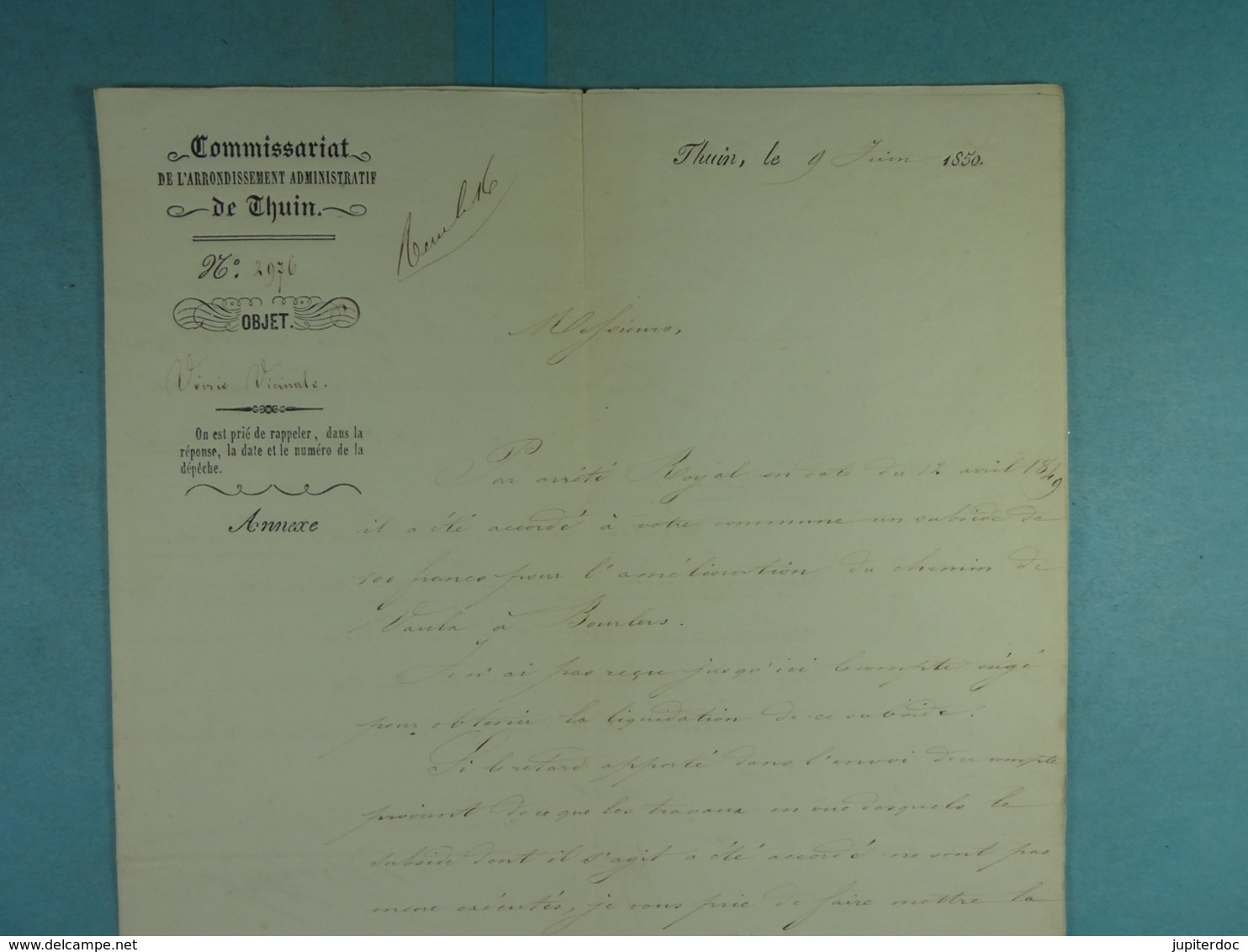 1850 Vaulx Bourlers Problèmes De Subsides Pour L'amélioration Des Chemins Vicinaux - Manuscripts