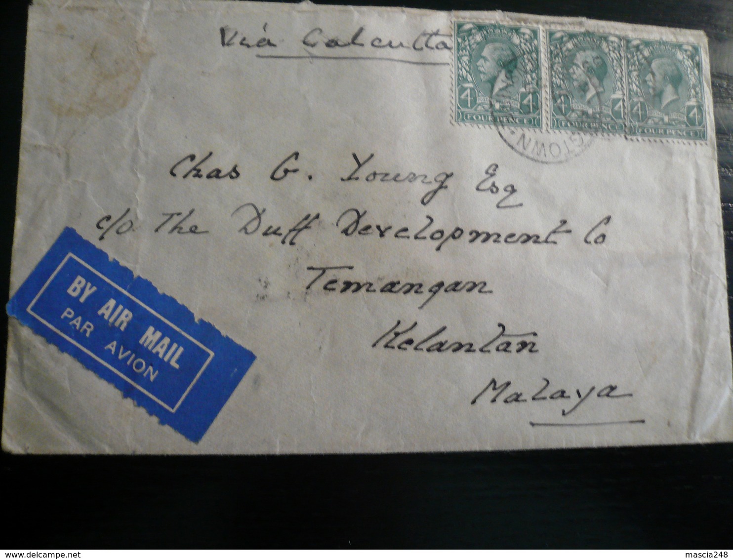 1933 25 Oct. From Lincolnshire To Kelantan Malaya Via Calcutta Various Transit - Storia Postale