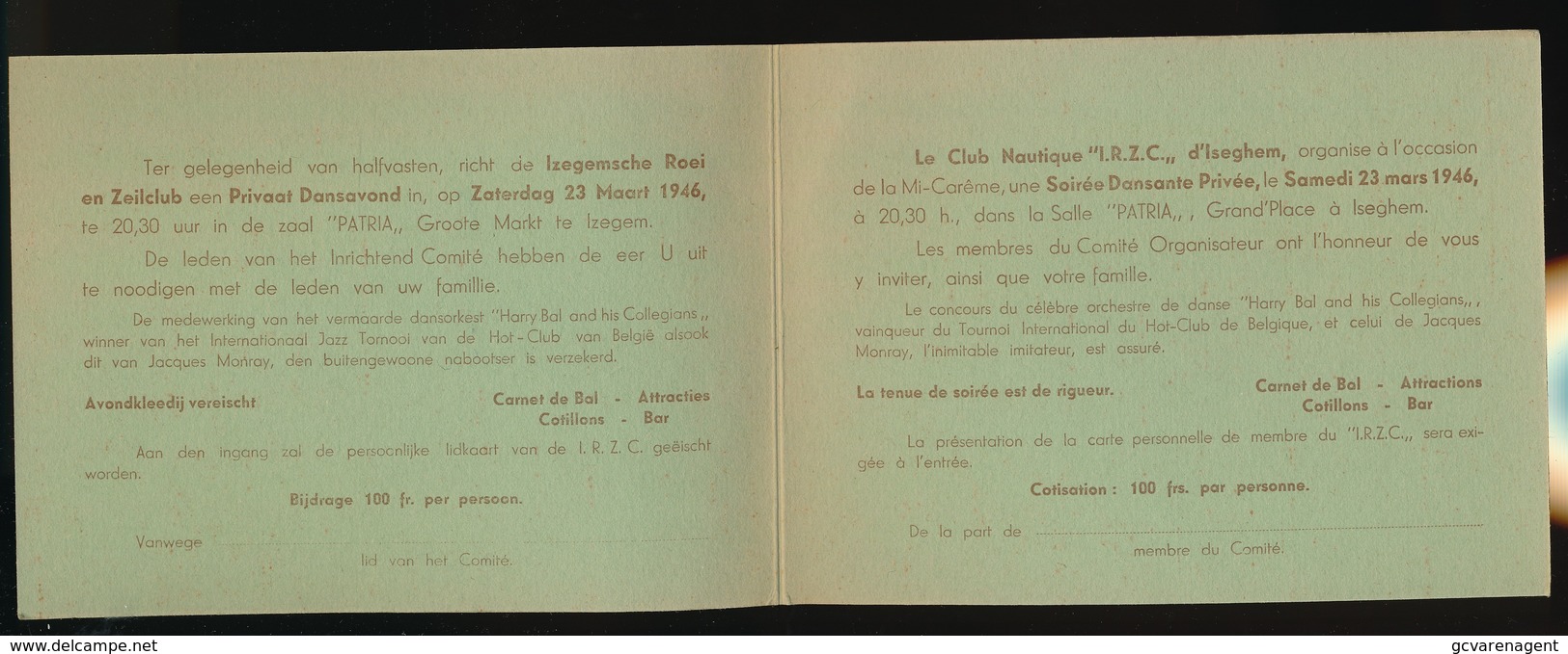 IZEGEM 1946 - UITNODIGING IZEGEMSCHE ROEI EN ZEILCLUB PRIVAAT DANSAVOND IN ZAAL PATRIA - 2 AFBEELDINGEN - Sonstige & Ohne Zuordnung