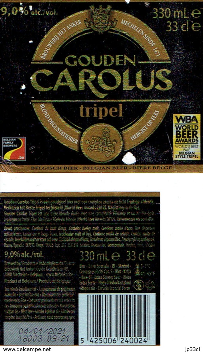 Étiquette Bière Gouden Carolus Tripel 33 Cl Alc 9,0 % Vol (2018) + Back (Brouwerij Het Anker, Mechelen) - Bière