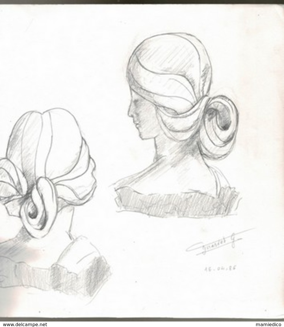 DESSIN ORIGINAL: Buste De Femme Au Crayon (1986) Vu Sous 3 Angles Différents Signés GIRARDET G. - Dessins