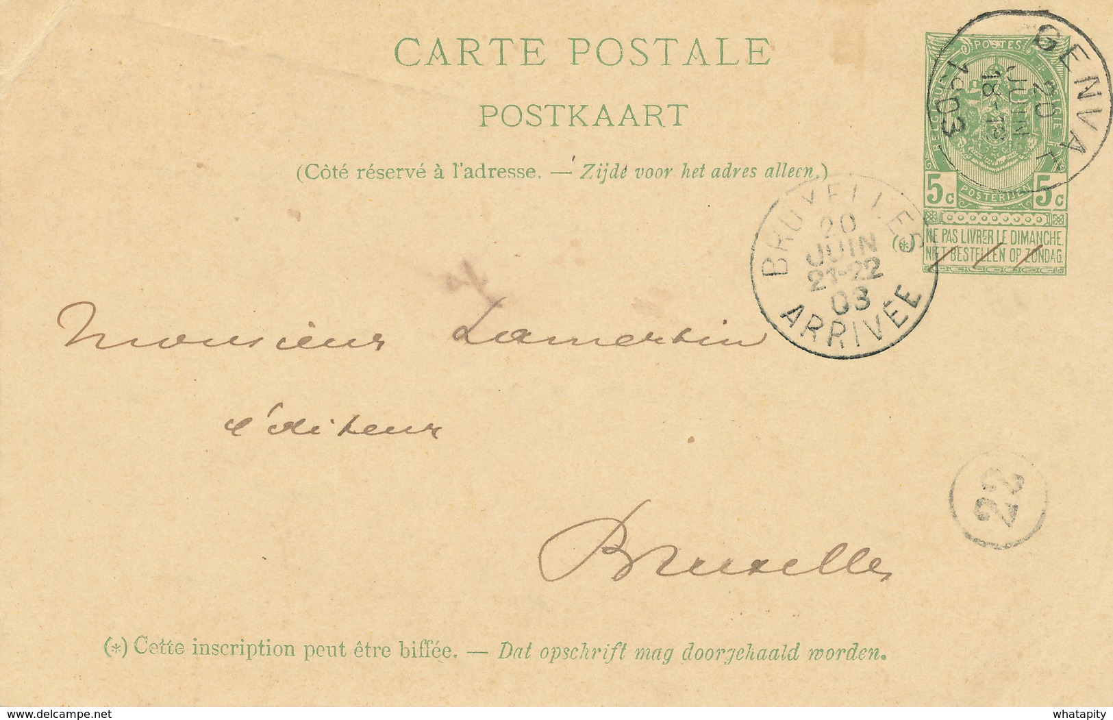 ZZ513 - BRABANT WALLON - Entier Postal Armoiries GENVAL 1903 Vers BXL - Cartes Postales 1871-1909