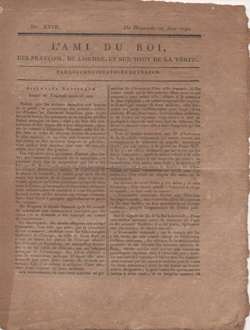 "L"AMI DU ROI" JOURNAL PARAISSANT TS LES JOURS DATE DU DIMANCHE 27 JUIN 1792 - EN 2 FEUILLETS - Journaux Anciens - Avant 1800