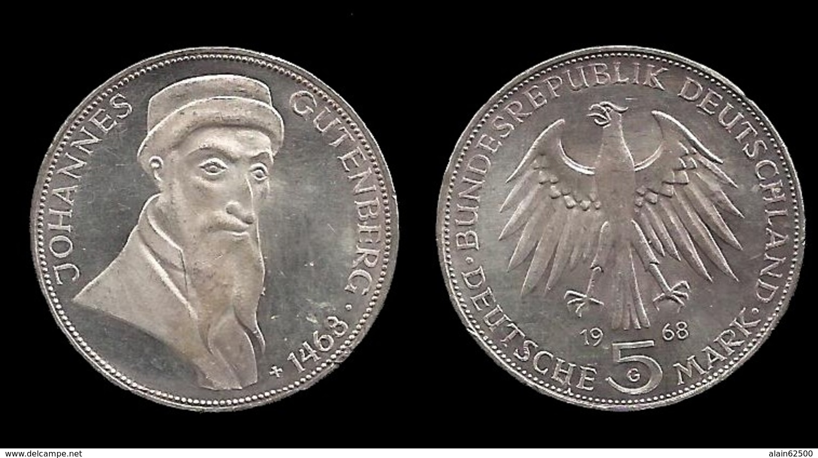 500éme ANNIVERSAIRE DE LA MORT DE Johannes GUTENBERG . 5 MARK 1968 G . - 5 Mark