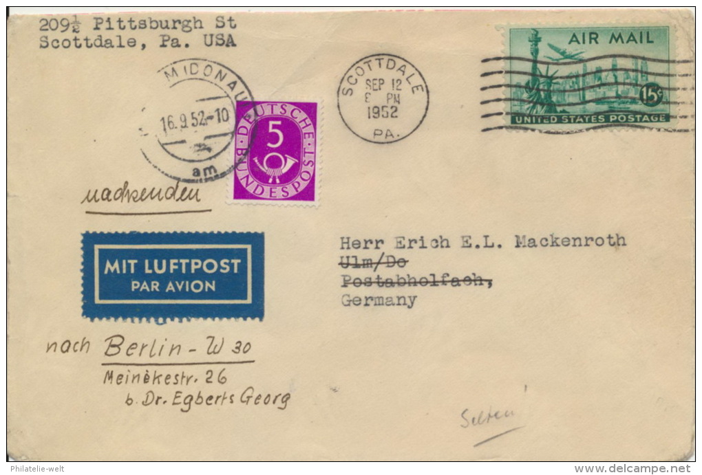 BRD 125 Auf Brief Aus USA Als Luftpost-Nachsendegebühr, Sehr Selten, Rückseitig Beschriftet - Briefe U. Dokumente