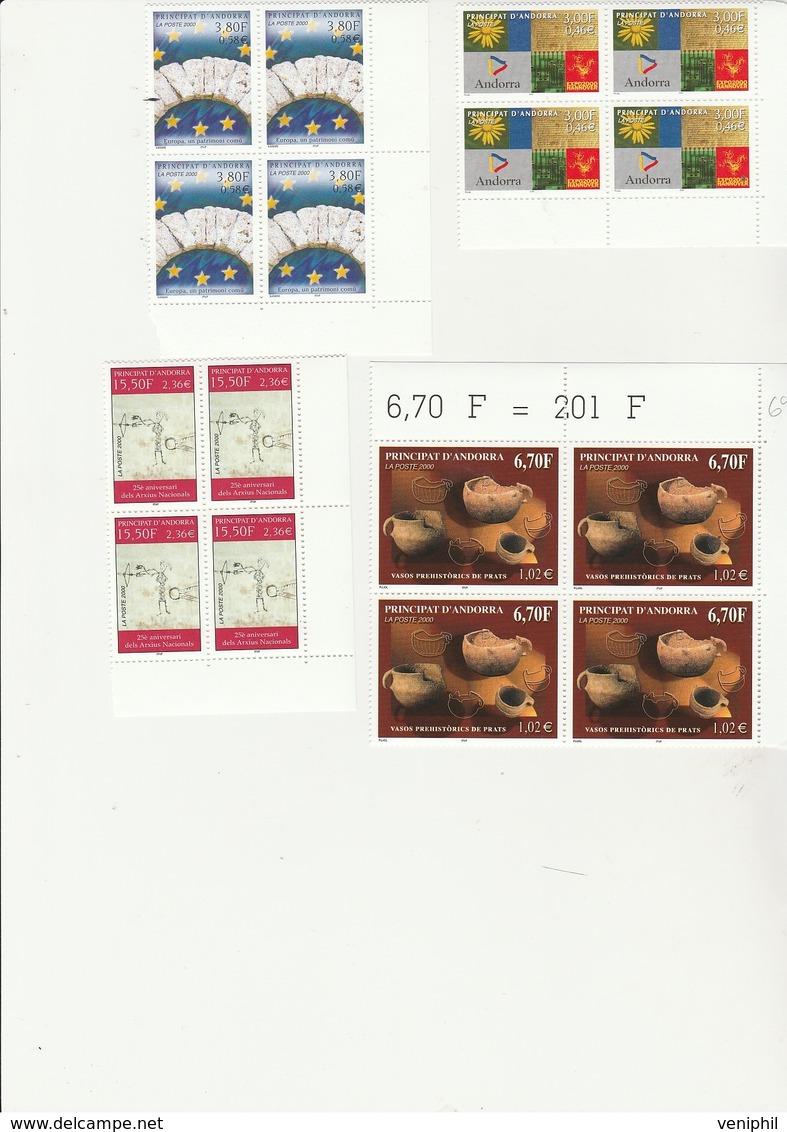 ANDORRE - N° 536 A 539 EN BLOC DE 4 NEUF XX -ANNEE 2000 -TB -COTE : 82,40 € - Unused Stamps