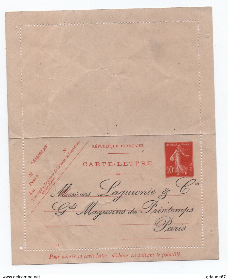 REPIQUAGE LAGUIONIE / GRANDS MAGASINS DU PRINTEMPS à PARIS Sur CARTE LETTRE SEMEUSE 10c ROUGE - Cartes-lettres