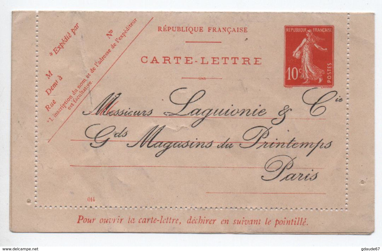 REPIQUAGE LAGUIONIE / GRANDS MAGASINS DU PRINTEMPS à PARIS Sur CARTE LETTRE SEMEUSE 10c ROUGE - Cartes-lettres