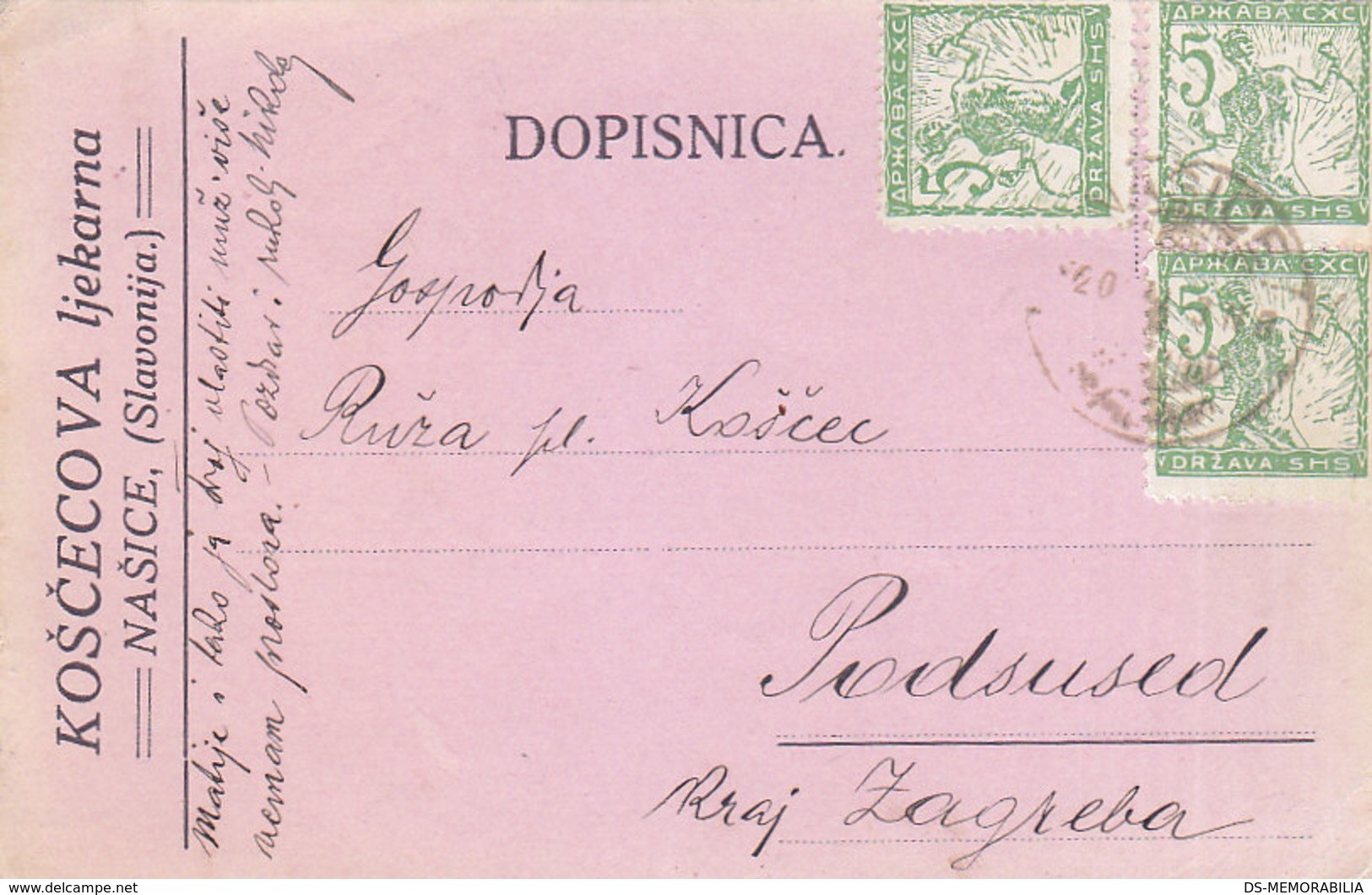 Yugoslavia SHS Private Stationery Koscec Pharmacy Nasice 1920 - Covers & Documents
