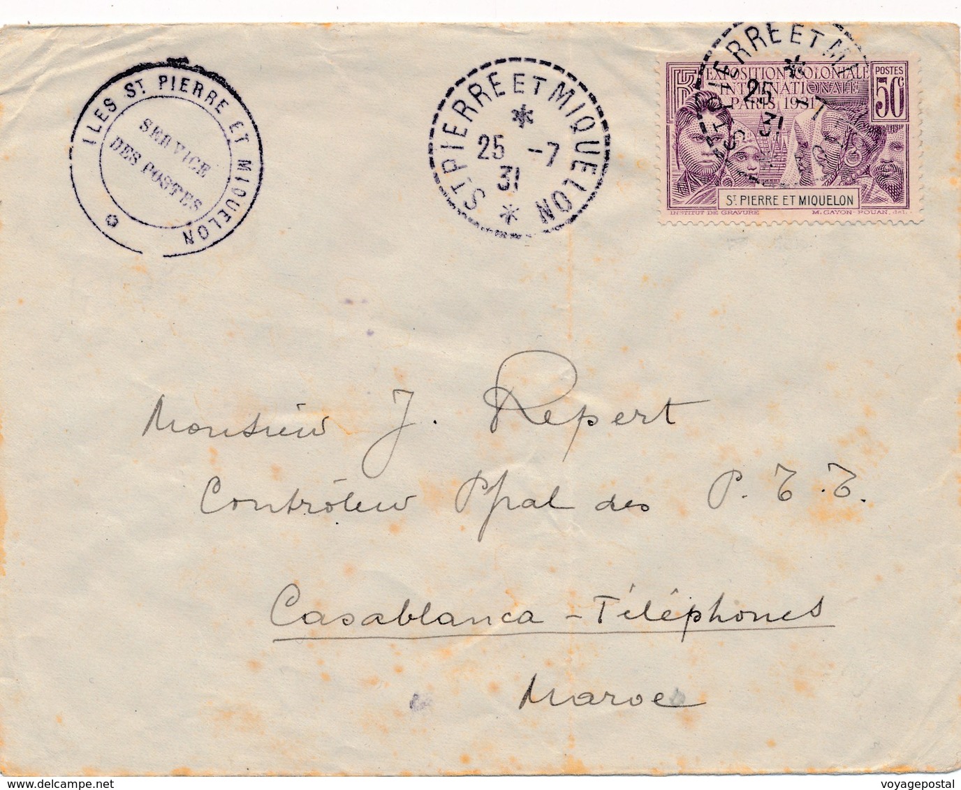 Lettre Exposition Coloniale 50c ST Pierre Et Miquelon Cachet Service Des Postes - Lettres & Documents