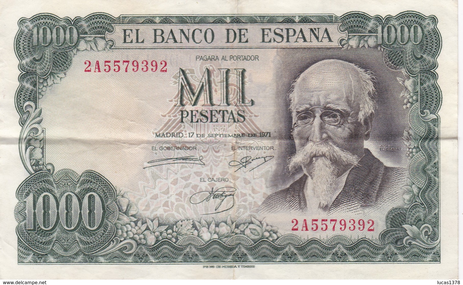 Billet : ESPAGNE . MIL 1000 PESETAS . 17/09/1971 . SERIE N° 2A5579392 / TBE - 1000 Pesetas