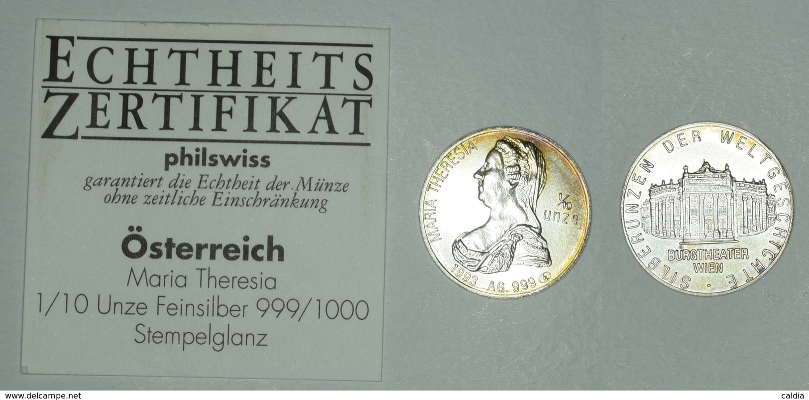 Autriche Austria Österreich 1993 " Maria Theresia / Burgtheater " SILVER Argent Commemorative Medallion With Certificate - Autriche