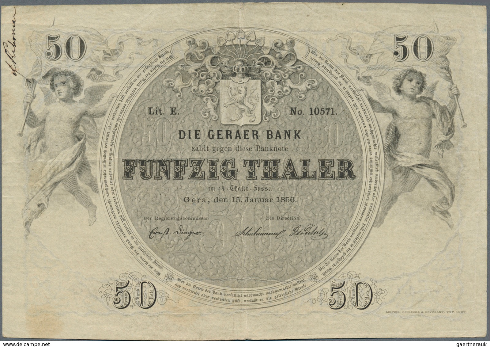 Deutschland - Altdeutsche Staaten: Sehr Seltene Banknote Zu 50 Thaler 1856 Geraer Bank PR A369, Gebr - [ 1] …-1871 : Duitse Staten