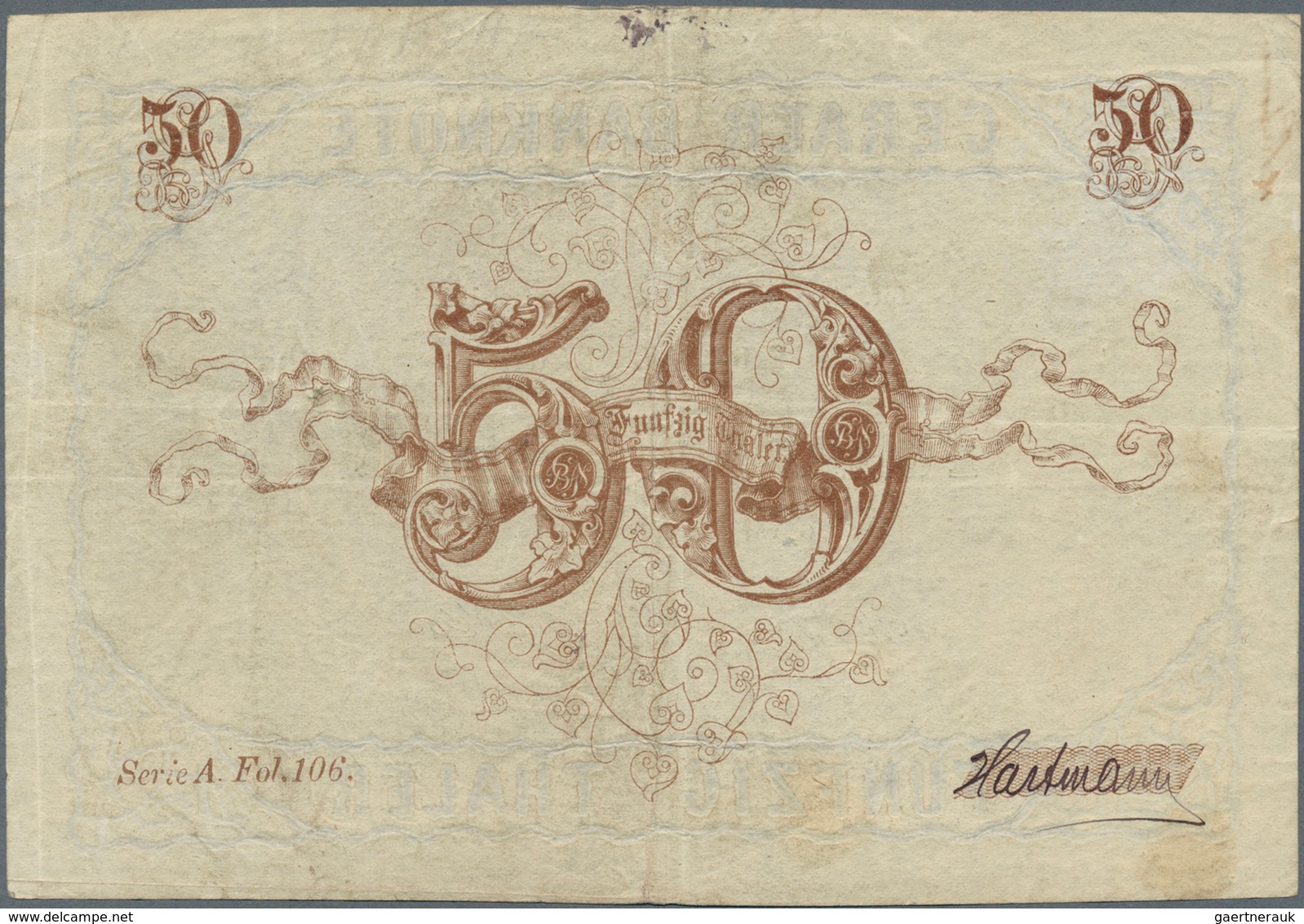 Deutschland - Altdeutsche Staaten: Sehr Seltene Banknote Zu 50 Thaler 1856 Geraer Bank PR A369, Gebr - [ 1] …-1871 : Duitse Staten