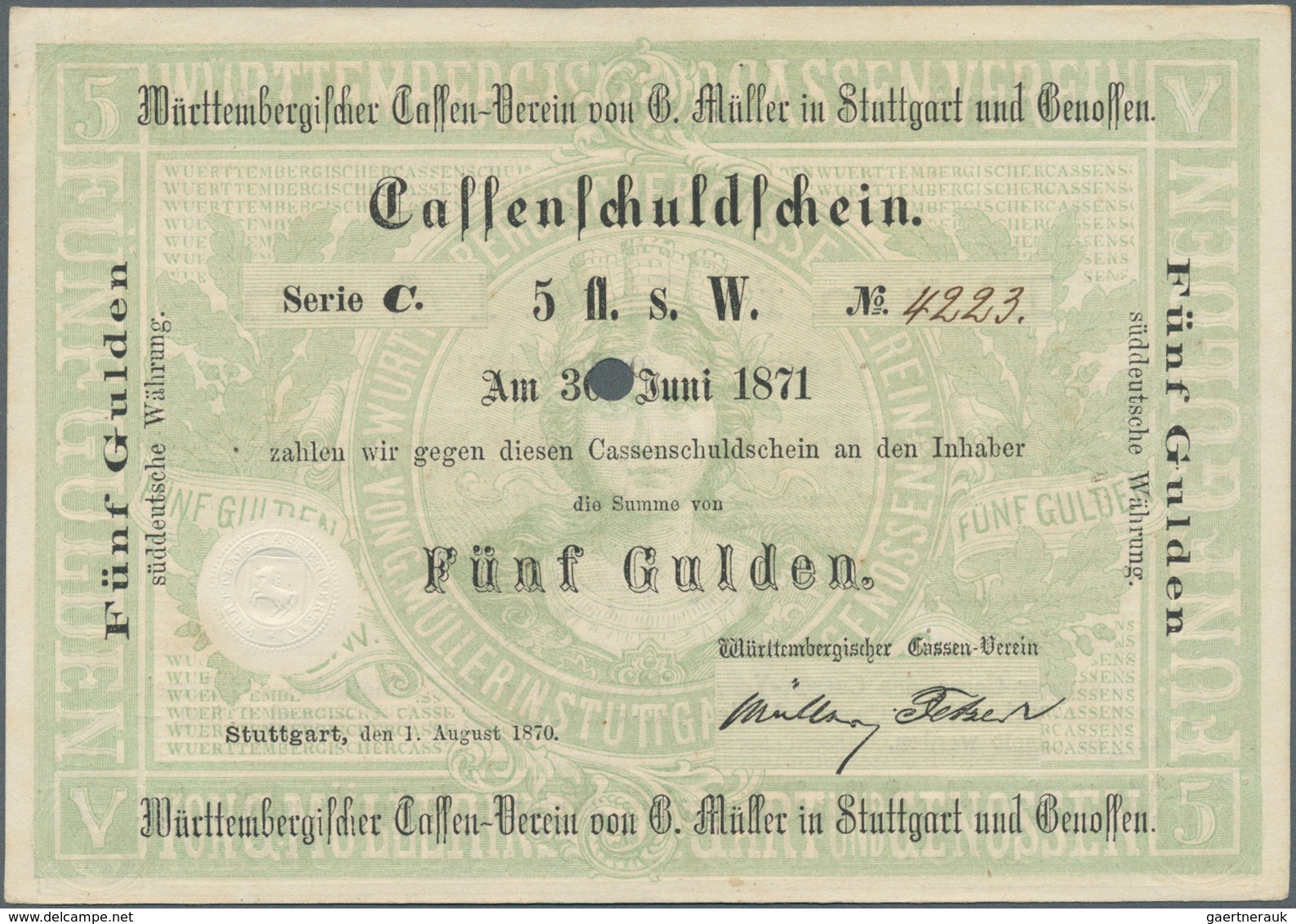 Deutschland - Altdeutsche Staaten: Württemberg, Cassen-Verein Von G. Müller In Stuttgart, 5 Gulden, - …-1871: Altdeutschland