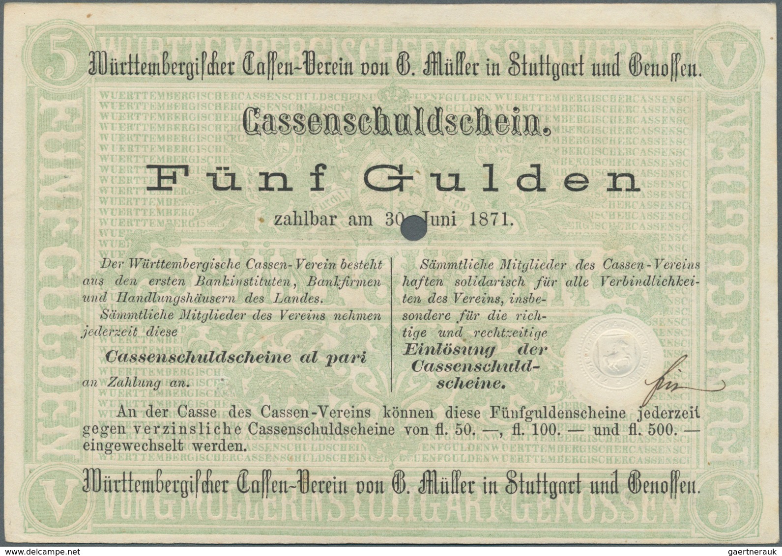 Deutschland - Altdeutsche Staaten: Württemberg, Cassen-Verein Von G. Müller In Stuttgart, 5 Gulden, - [ 1] …-1871 : German States