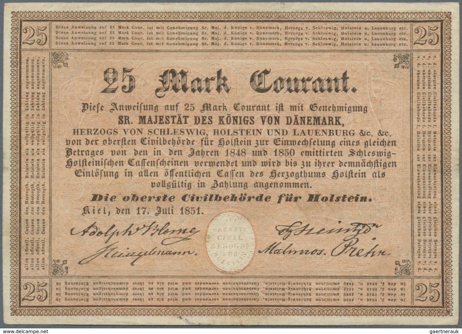 Deutschland - Altdeutsche Staaten: Sehr Seltene Banknote Zu 25 Mark Courant 1851 Der Obersten Zivilb - [ 1] …-1871 : Stati Tedeschi