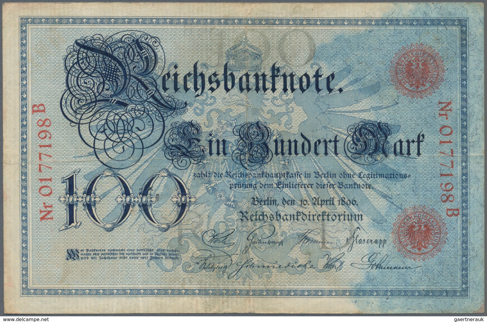 Deutschland - Deutsches Reich Bis 1945: 100 Mark 1896, Ro.15, Mehrere Knicke, Kleine Flecken Und Win - Other & Unclassified