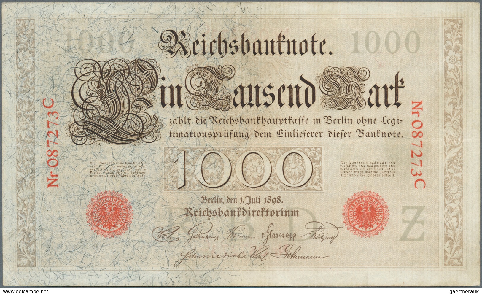 Deutschland - Deutsches Reich Bis 1945: 1000 Mark 1898, Ro.18, Sehr Schöne Saubere Note Mit Einigen - Sonstige & Ohne Zuordnung