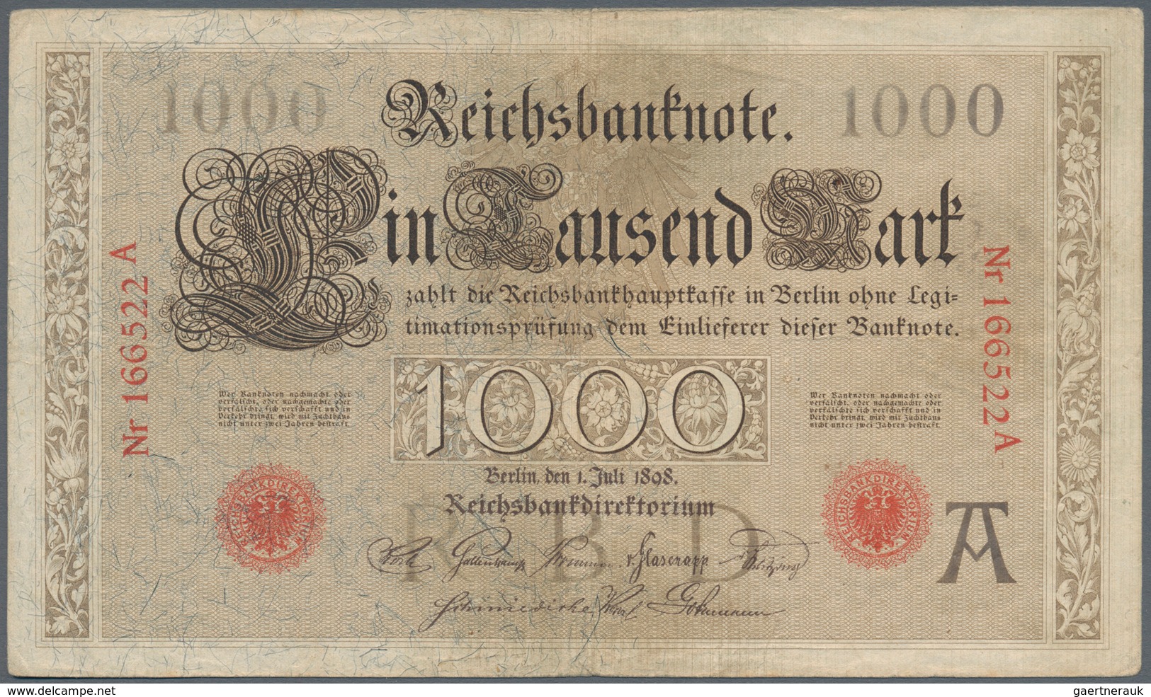 Deutschland - Deutsches Reich Bis 1945: 1000 Mark 1898, Ro.18, Hübsche Gebrauchserhaltung Mit Kleine - Altri & Non Classificati