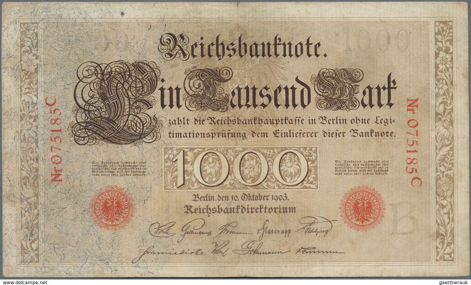 Deutschland - Deutsches Reich Bis 1945: 1000 Mark 1903, Ro.21, Stärker Gebraucht Mit Kleinem Einriss - Altri & Non Classificati