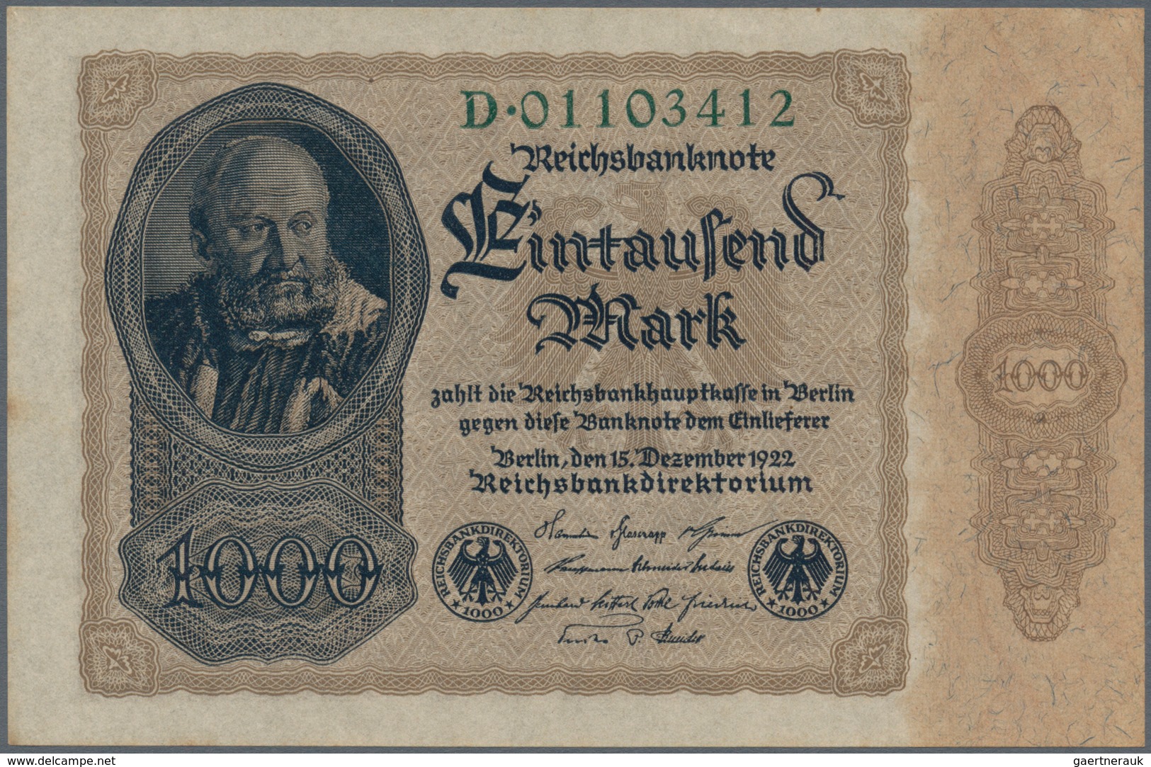 Deutschland - Deutsches Reich Bis 1945: 1000 Mark 1922, Reichsdruck, Ro.81a, Kleine Flecken Am Linke - Sonstige & Ohne Zuordnung