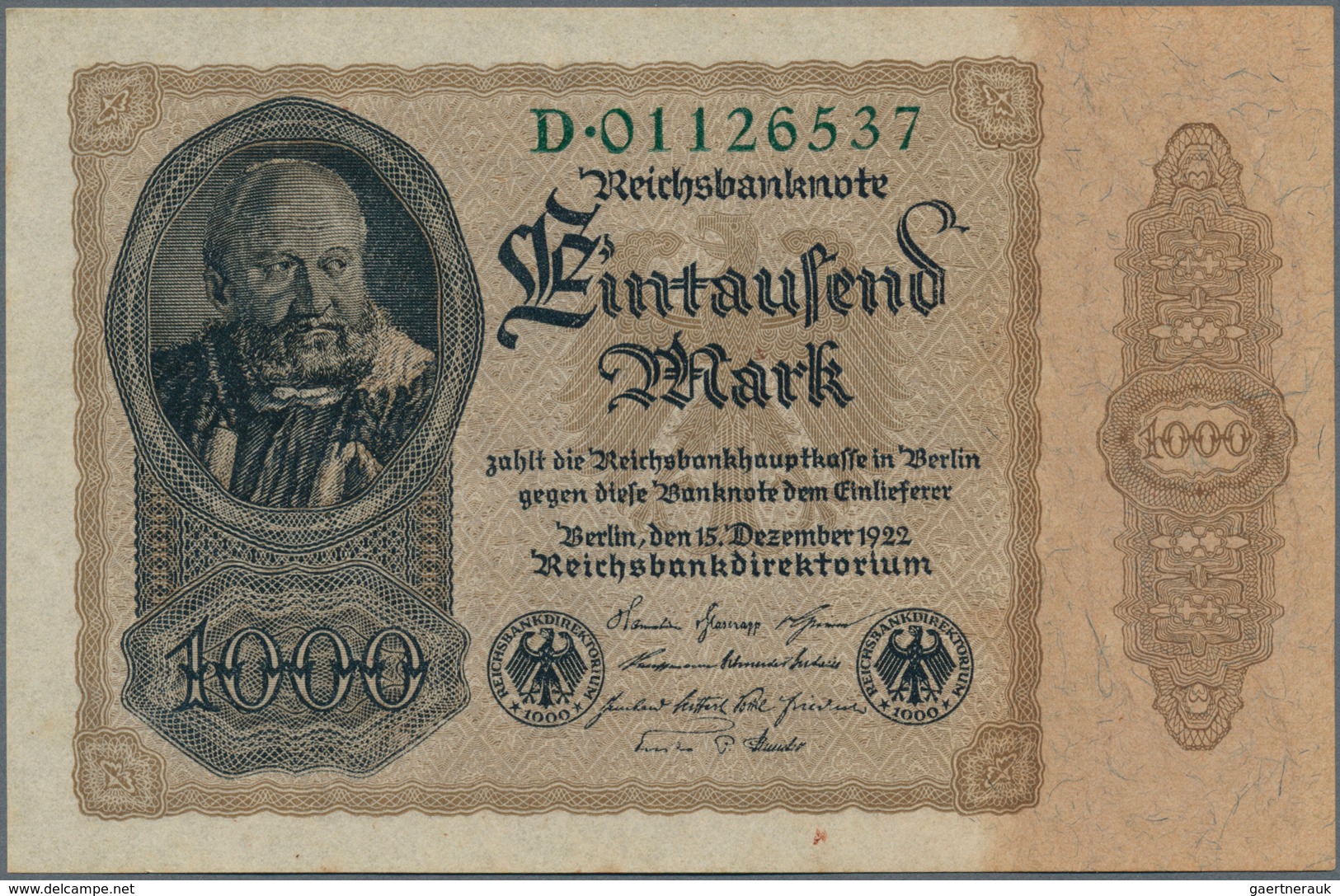 Deutschland - Deutsches Reich Bis 1945: 1000 Reichsmark 1922 "Reichsdruck" Ro 81ac, In Erhaltung: AU - Altri & Non Classificati