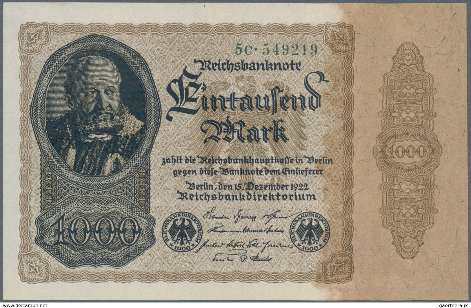 Deutschland - Deutsches Reich Bis 1945: 1000 Mark 1922, Firmendruck FZ: C, Kassenfrisch - Other & Unclassified